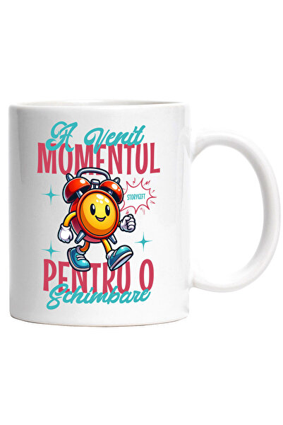 StoryGift Romania Cana Cu Ceas Mecanic Galben Zambitor Text A Venit Momentul Pentru O Schimbare, C, Cu Maner Alb Stg