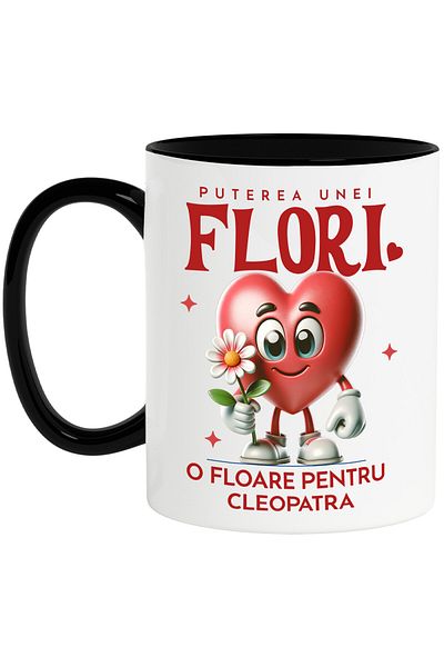 StoryGift Romania Mug With Happy Heart With Flower Text The Power of a Flower, A Flower for Cleopatra, With Black Handle