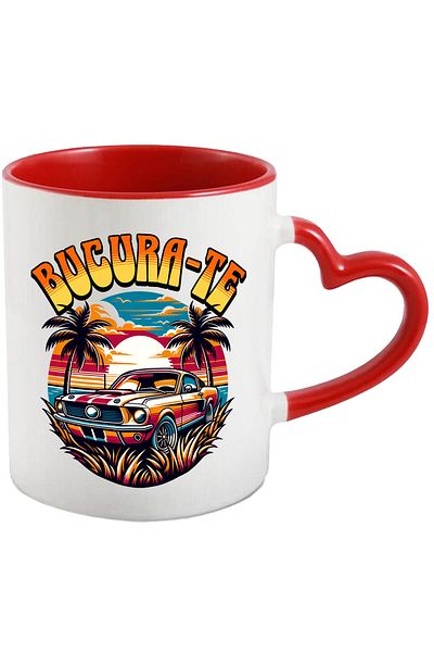 StoryGift Romania Cana Cu Masina Colorata De Curse Vintige Pe Insula Tropicala Apus De Soare Vitez, Cu Maner Inim Stg