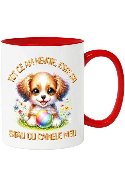 StoryGift Romania Cana Cu Caine Pui Vesel Pufos Pe Iarba Cu Minge Text Tot Ce Am Nevoie Este Sa St, Cu Maner Rosu Stg