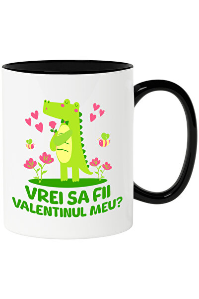 StoryGift Romania Cana Cu Crocodil Romantic Cu Trandafir Roz Si Papion Text Vrei Sa Fii Valentinul, Cu Maner Negru Stg
