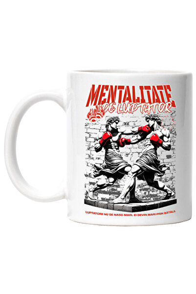 StoryGift Romania Cana Statui Grecesti Lupta Box Mentalitate De Luptator, 330ml, Ceramic Cu Maner , Cu Maner Alb Stg