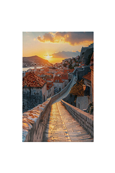 StoryGift Romania Tablou Canvas: Zidul De Piatră Și Trecerea Pe Pod Dezbinarea Orașului Spre Amurg În Orizont Pic