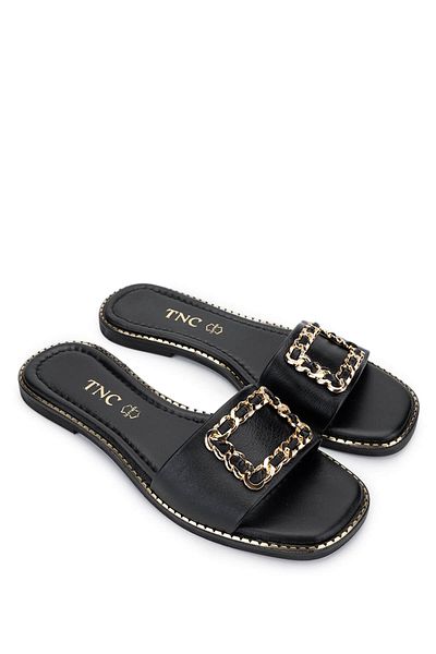 Tamer Tanca Women's Genuine Leather Black Leather Flat Slippers