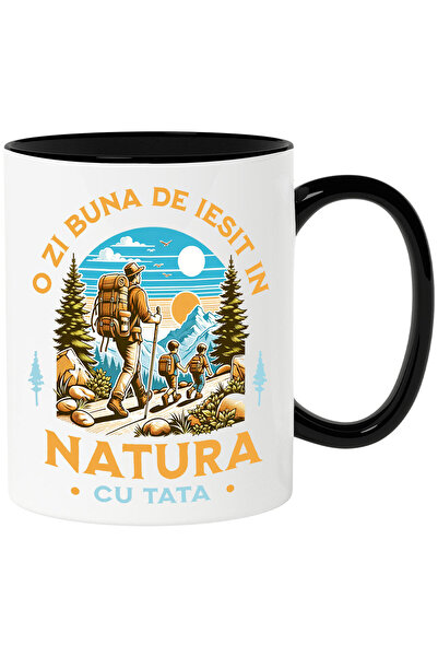 StoryGift Romania Cana Cu Barbat Si Copii Aventura Pe Munte Intre Stanci Apus De Soare Text O Zi B, Cu Maner Negru Stg