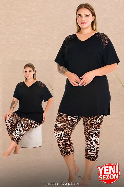 Jenny Daphne Plus Size Leopard Print V-Neck Lace Shoulder Short Sleeve Capri Pajamas Set 10730