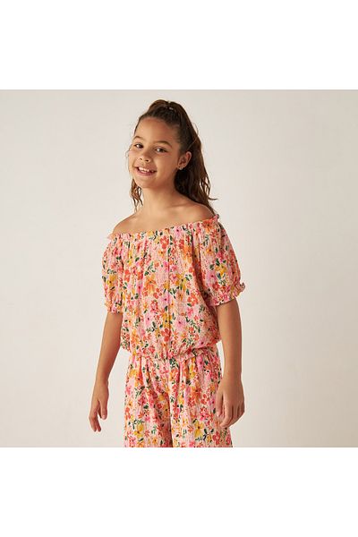 Juniors All-Over Floral Print Off Shoulder Top and Pants Set