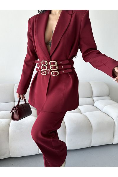MYGİYİMİSTANBUL Gold Belt Detailed Blazer Jacket Pants Suit