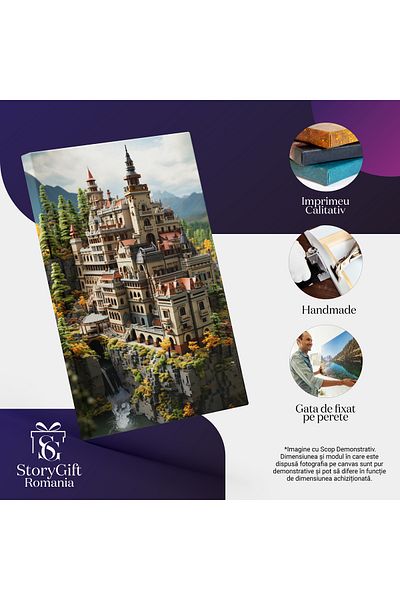 StoryGift Romania Tablou Canvas: View Cetate Pe Stanca Pe Apa Stil Lego Cer Senin Sat Traditional Pictura Digita