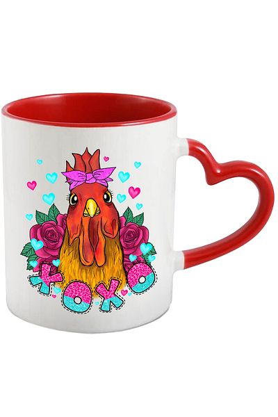 StoryGift Romania Mug with a rooster surrounded by roses with the message "xoxo", kisses, bird, fun, With,STG