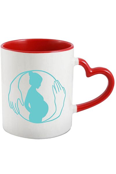 StoryGift Romania Cana cu Femeie Insarcinata, Cuprinsa de Doua Maini, Mama, Mama si Copilul in Pan, Cu Maner Inim STG