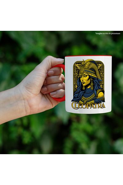 StoryGift Romania Cleopatra Queen of Gold Mug, Wealth of Egypt, 330ml, Ceramic with Red Handle, with Red Handle, left