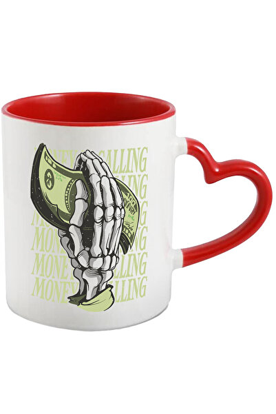 StoryGift Romania Cana Cu Mesaj In Engleza Money Calling, Cash, Bani, Mana, Schelet, Multicolor 33, Cu Maner Inim Stg