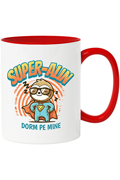 StoryGift Romania Cana Cu Animal Lenes Cu Costum De Super Erou Desene Animate Text Super-alin Dorm, Cu Maner Rosu Stg