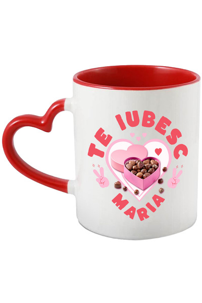 StoryGift Romania Cana Cu Cutie De Bomboane Dulciuri Dragoste Forma Inima Ciocolata Text Te Iubesc, Cu Maner Inim Stg