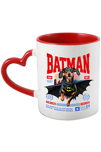 StoryGift Romania Cana Cu Teckel / Dachshund Caine In Costum De Batman Cu Pelerina, Erou Nocturn, , Cu Maner Inim Stg