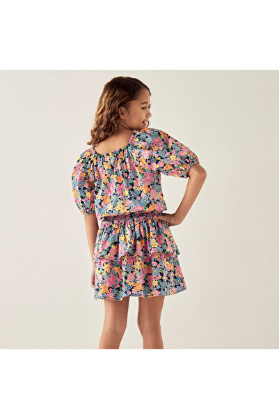 Juniors All-Over Floral Print Square Neck Top and Tiered Skirt Set