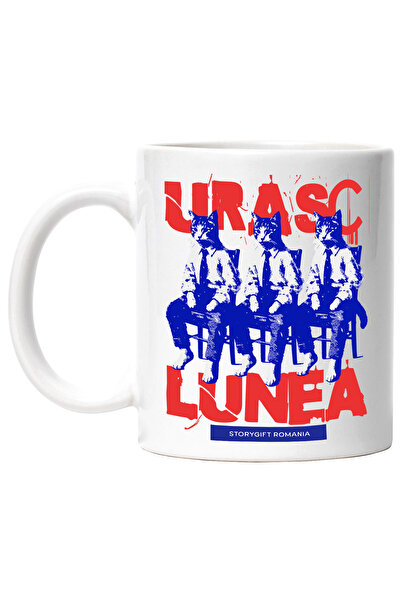 StoryGift Romania Cana Trei Pisici In Costum Text Urasc Lunea, 330ml, Ceramic Cu Maner Alb, Cu Maner Alb Stg