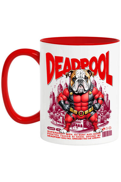 StoryGift Romania Cana Cu Bulldog Caine In Costum De Deadpool Cu Pelerina, Erou Nocturn, Desene An, Cu Maner Rosu Stg