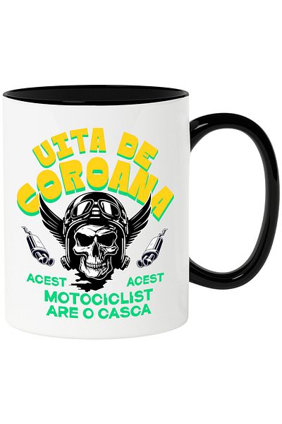 StoryGift Romania Cana Cu Craniu Uman Cu Aripi De Inger Si Casca De Protectie Rege Pe Sosea Motoci, Cu Maner Negru Stg