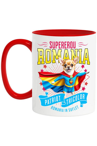 StoryGift Romania Mug with Chihuahua Dog in Captain Romania Costume with Cape, Night Hero, , with Red Handle