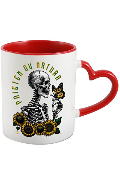 StoryGift Romania Cana Prieten Cu Natura Schelete Si Fluture Flori , 330ml, Ceramica Cu Maner Inim, Cu Maner Inim Stg