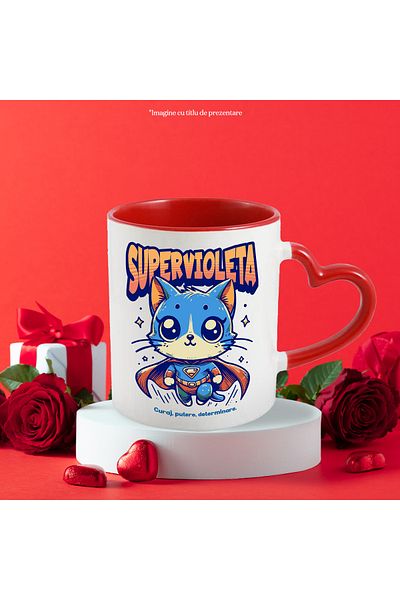 StoryGift Romania Super Violet Mug, Superhero, Flying Cat, 330ml, Ceramic with Heart Handle Ro, With, STG