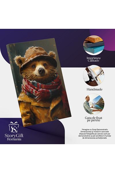 StoryGift Romania Tablou Canvas: Silueta Ursului Cu Pălărie Pe Timp De Iarnă Poartă Fular Gros Și Pardesiu Pictur