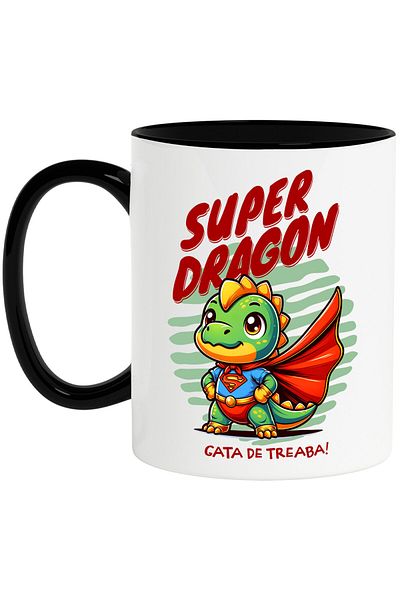 StoryGift Romania Cana Cu Dragon Desene Animate Cu Pelerina Rosie Si Simbol Super Erou Text Super , Cu Maner Negru Stg
