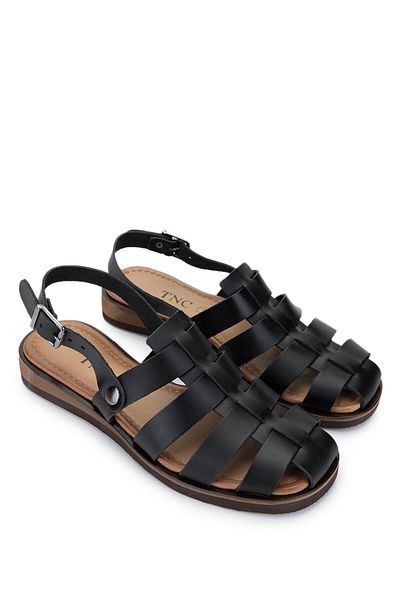 Tamer Tanca Women's Genuine Leather Black Leather Flat Sandals