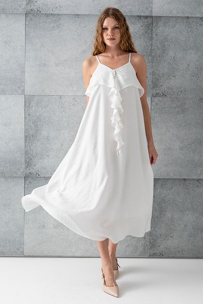 GİYSA Women's Rope Strap Ruffled Front Lined Dress White - 3004