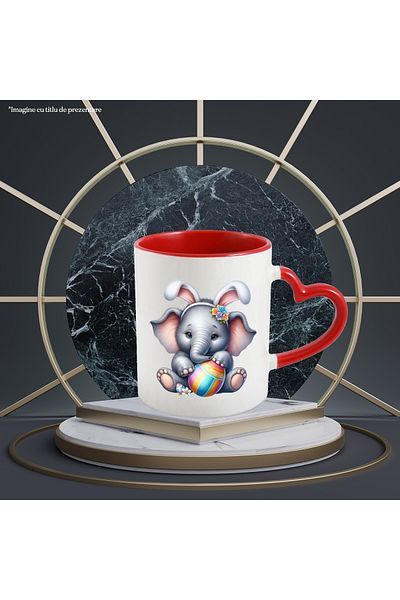 StoryGift Romania Mug with a little elephant, illustration, holding a painted egg, bunny ears, floral, With ,STG