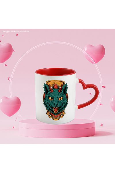 StoryGift Romania Cana Cu Pisica, Coarne, Demon, Emblema, Multicolor 330 Ml, Ceramica Cu Maner Ini, Cu Maner Inim Stg