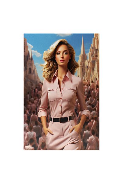 StoryGift Romania Tablou Canvas: Female Leader, Femeie Inconjurata De Multime De Oameni, In Salopeta Roz Pictur