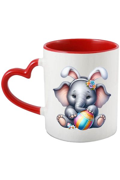 StoryGift Romania Mug with a little elephant, illustration, holding a painted egg, bunny ears, floral, With ,STG