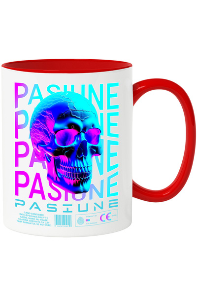 StoryGift Romania Cana Pasiune - Craniu , 330ml, Ceramic cu Maner Rosu, Cu Ma...