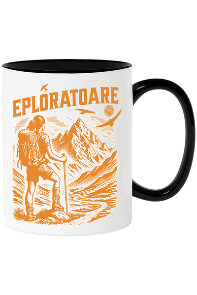 StoryGift Romania Cana Femeie In Munte Exploratoare Femeie Puternica, 330ml, Ceramica Cu Maner Neg, Cu Maner Negru Stg