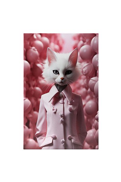 StoryGift Romania Tablou Canvas: Portret Pisica Alba In Costum Business Roz Inconjurata De Clopotei Roz- Fotogr
