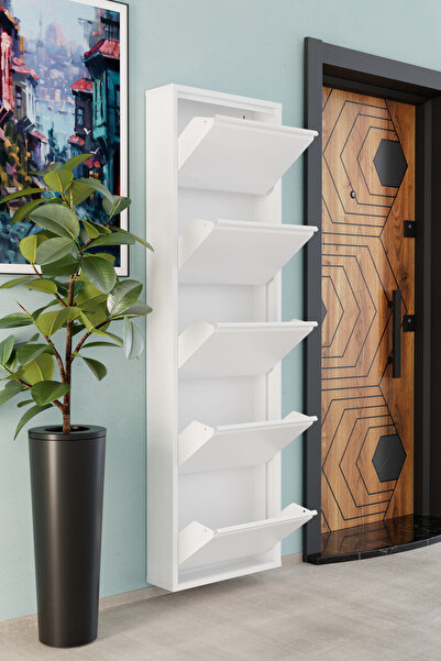 Evdemo 5 Kapaklı Metal Ayakkabılık Beyaz