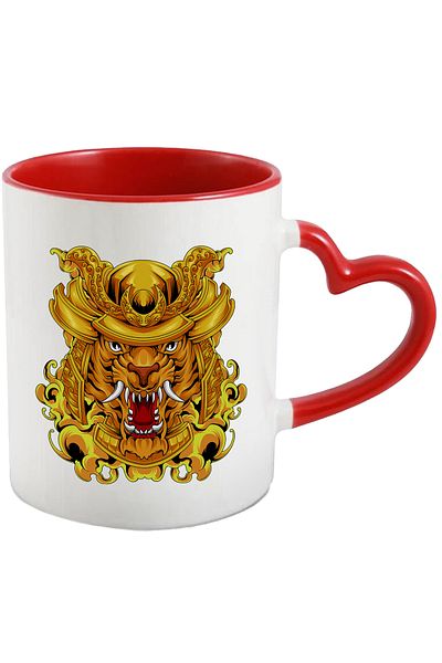 StoryGift Romania Mug With Tiger, Helmet, Samurai, Armor, Asian, Multicolor 330 Ml, Ceramic With M, With Heart Handle