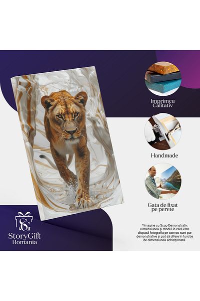 StoryGift Romania Tablou Canvas: Tigru În Mișcare Pășind Pe Apă Stropind - Pașii Unui Prădător Pictura Digitala