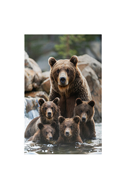 StoryGift Romania Tablou Canvas: Mama Urs Cu Cei Patru Ursuleti Micuti Stau In Apa In Cautare Pestilor Preferat