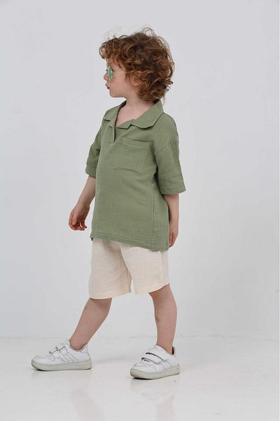 chacharon Boy's Muslin Fabric Boy's Collar Shorts Suit