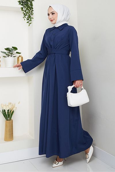 Bestenur Φόρεμα Renda με λουράκι μέσης 1467 - Navy Blue