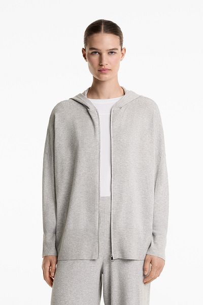 Oysho Long hooded knit jacket with rib detail