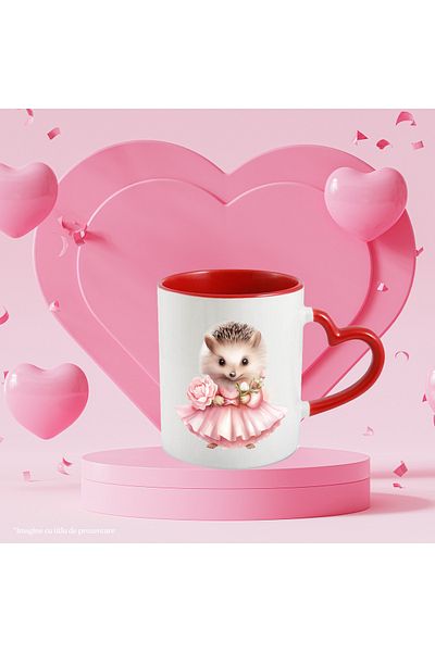 StoryGift Romania Mug with a hedgehog | illustration | dress | pink | flowers | plants | shy | in nature, With ,STG.