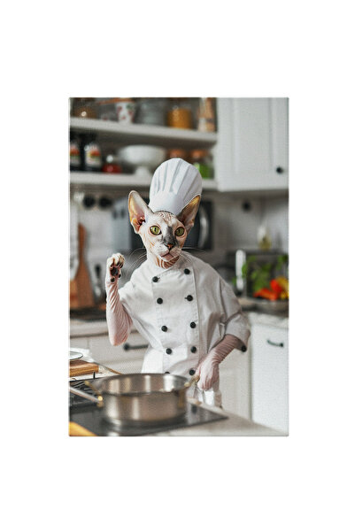 StoryGift Romania Tablou Canvas Chef Modern Pisica Devon Rex În Tunică De Bucătar Și Beretă În Bucătăria Albă , P