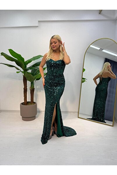 E&A Eren Abiye KADIN İNCE ASKILI DRAPELİ DERİN YIRTMAÇLI BALIK ELBİSE