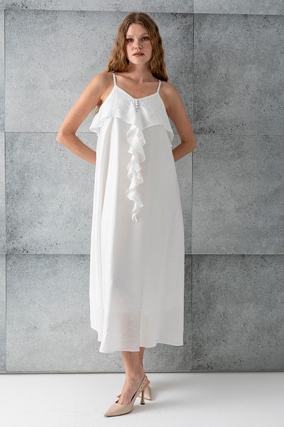 GİYSA Women's Rope Strap Ruffled Front Lined Dress White - 3004