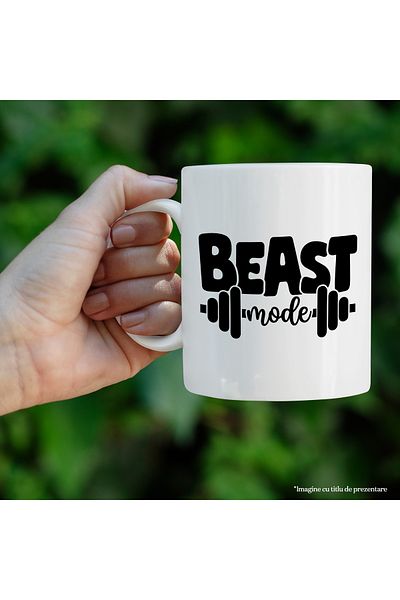 StoryGift Romania Mug with dumbbell and text in English "Beast mode" - beast mode training with , With White Handle